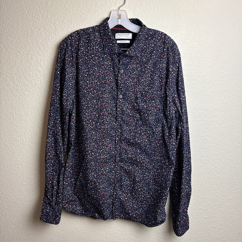 Denim & Flower Shirt Mens XL Slim Fit Long Sleeve 100% Cotton Blue Floral Button